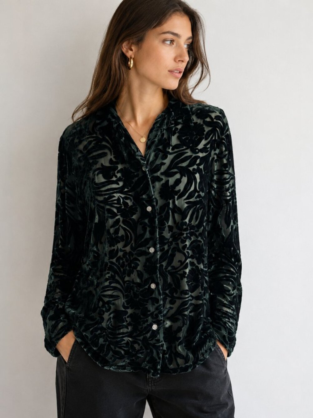 Vintage Ann Taylor Emerald Velvet Burnout Silk Blend Blouse Semi Sheer Blouse 8